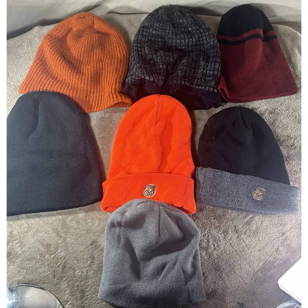 Kids Youth Beanie‎ Hat Lot of 7 Solid Striped Cuffed Fleece Lined Mixed